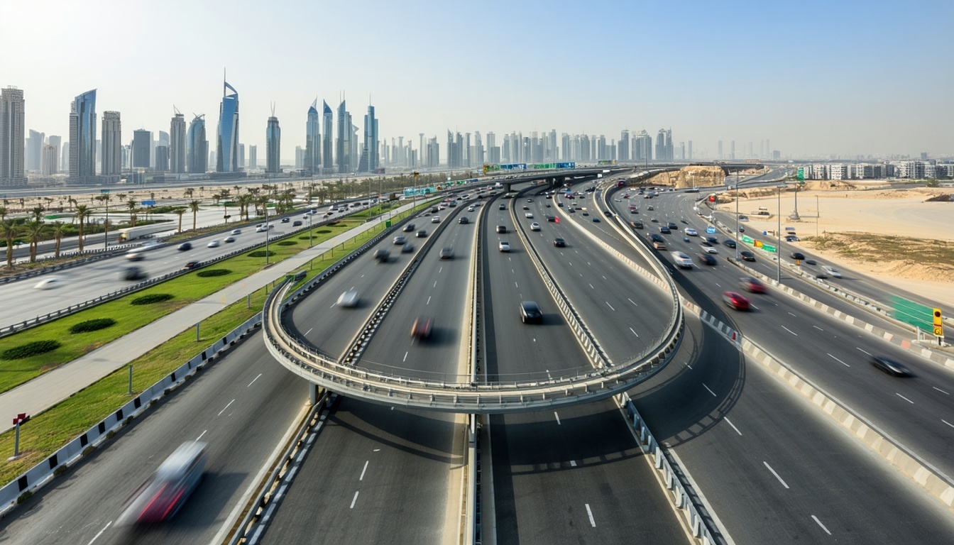 Aerial view of Dubai roads with toll infrastructure