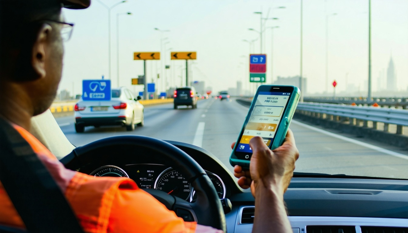 Driver using electronic payment for road toll in Dubai