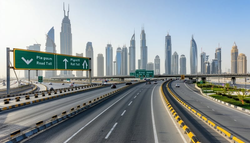 Dubai skyline with highways and electronic road toll signs Dubai skyline with highways and electronic road toll signs