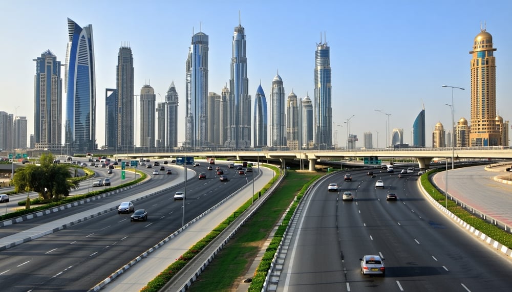 Dubai skyline with major highways and road toll system Dubai skyline with major highways and road toll system